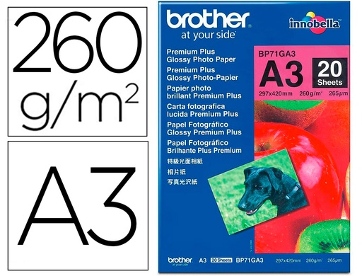 [9162414] BROTHER - Papel foto brillante a3 260g/m2 paquete 20 hojas (Ref. BP71GA3)