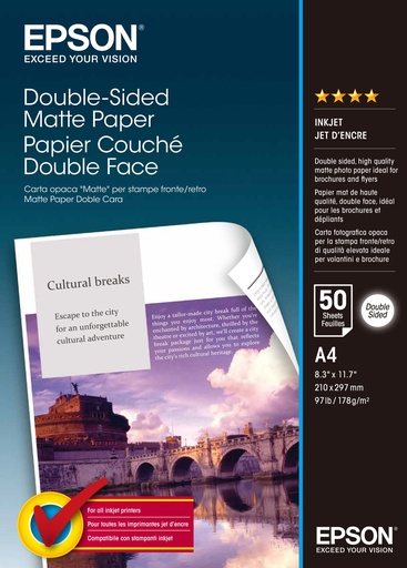 [9925723] EPSON - PAPEL MATE DOBLE CARA (DOUBLE SIDEZ MATTE PAPER) A4, 178G.50 HOJA (Ref.C13S041569)