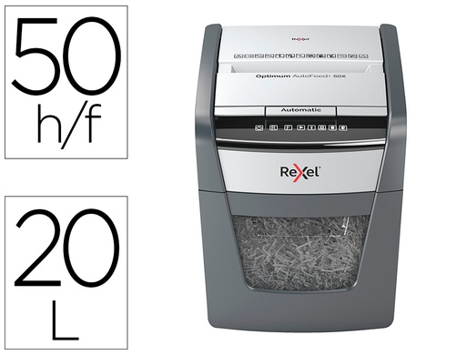 [9159869] REXEL - Destructora de documentos optimum autofeed+ 50x eu capacidad de corte 50 hojas destruye grapas y clips (Ref. 2020050XEU)