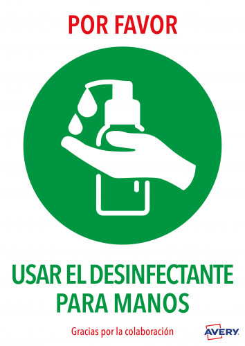 [9159594] AVERY - Señal adhesiva usar el desinfectante para las manos din A4 resistente a los rayos uv pack de 2 unidades (Ref. AV_KITCOVID3_ES)