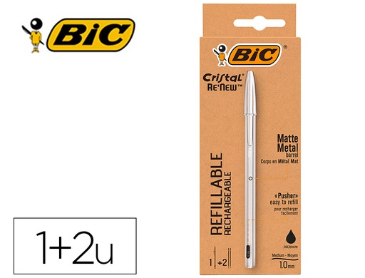 [2162193] BIC - Boligrafo cristal renew tinta negra pack de 1 unidad + 2 recambios (Ref. 997201)
