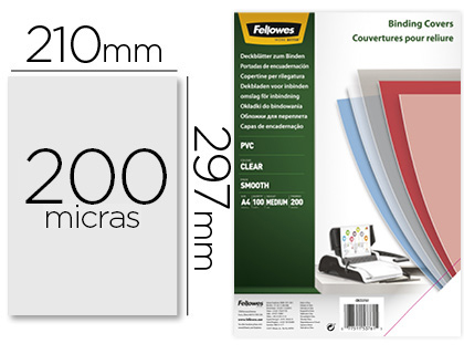 [9155174] FELLOWES - Tapa de encuadernacion din A4 pvc transparente cristal 200 micras pack de 100 unidades (Ref. 5376102)
