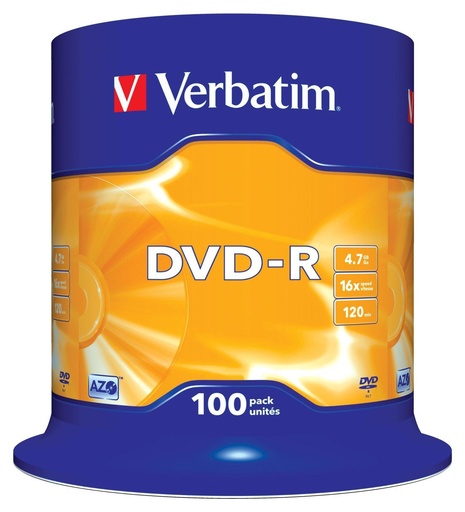 [9926752] VERBATIM - DVD-R, 4.7GB, 16X, 100 PACK SPINDLE, SUPERFICIE MATT SILVER (Incluye Canon LPI de 21 €) (Ref.43549)