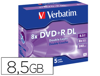 [9155626] VERBATIM - Dvd+r doble capa capacidad 8.5gb velocidad 8x 240 min pack de 5 unidades (Ref. 43541) (Canon L.P.I. 1,05€ Incluido)