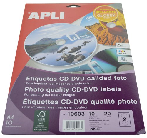 [2043738] APLI - ETIQUETA ADHESIVA TAMAÑO CD-ROM 117 MM PARA FOTOCOPIADORA LASER INK-JET CAJA CON 10 HOJAS/20 ETIQUETAS (Ref.10603)
