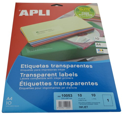 [2046814] APLI - ETIQUETAS ADHESIVAS TRANSPARENTES POLIESTER PARA IMPRESORA INK-JET 210X297 MM PRESENTADAS EN CARPETAS DE 10 (Ref.10053)