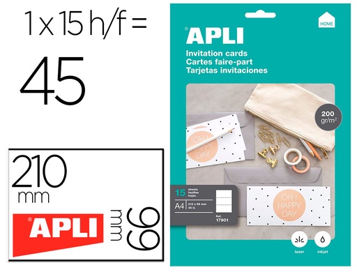 [2157820] APLI - Tarjeta de visita invitacion hogar 210x99 mm 200 gr blanca bolsa de 15 hojas din a4 (Ref. 17901)