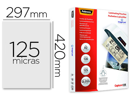 [2155167] FELLOWES - Pack 100 FUNDAS PLASTIFICAR 125 MIC. BRILLO A3 (303X426 MM) (Ref.5307506)