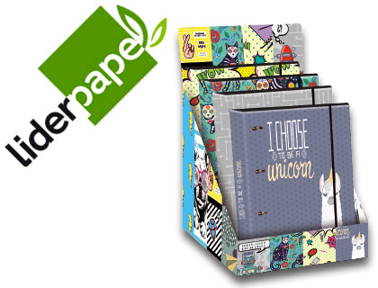 [2007043] LIDERPAPEL - Carpeta 4 anillas 40 mm forrada din A4 con recambio y gomilla fantasia 120h 70g 5mm expositor 10 (Ref. 7043)