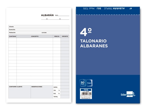 [2017734] LIDERPAPEL - TALONARIO ALBARAN CUARTO ORIGINAL Y DOS COPIAS (Ref.T315)