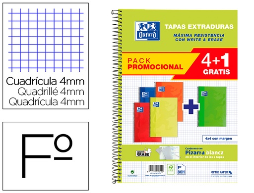 [9154776] OXFORD - Cuaderno espiral tapa extradura folio 80 hojas cuadro 4 mm con pizarra blancapack 4+1 colores clasicos (Ref. 400122761)