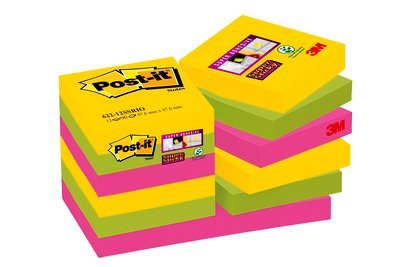 [9074275] POST-IT - Bloc de notas adhesivas quita y pon super sticky 51x51 mm pack de 12 bloc colores intensos surtidos (Ref. 622-12SS-EG)