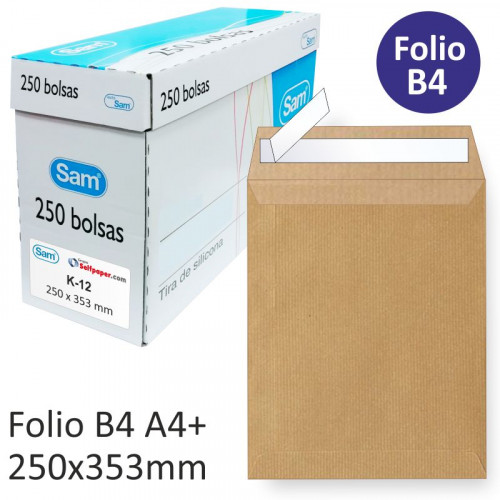 [300K-12] SAM - BOLSA KRAFT FOLIO PROLONGADO 250X353mm TIRA DE SILICONA CAJA DE 250unid. (Ref.K-12)