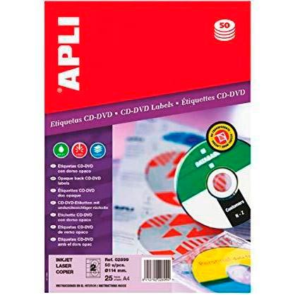 [9932964] APLI - ETIQUETAS ADH.IMPR. A4 MULTIMED.CD-DVD CLASICA BLISTER 25h DORSO OPACO Ø ext.114 e int.41 mm 50 uds.(0) (Ref.2899)