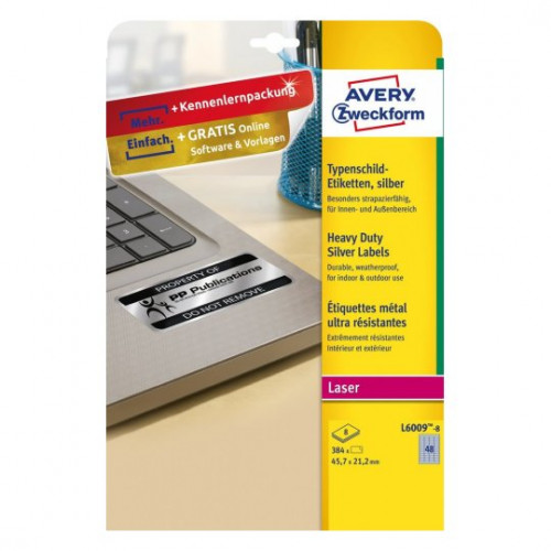 [2153610] AVERY - Caja 8 hojas con etiquetas 45,7x21,2 mm. plata en poliéster para impresoras laser (Ref.L6009-8)
