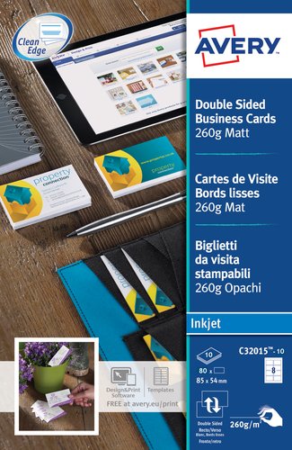 [9038162] AVERY - Tarjetas de visita Caja 10 hojas 85x54 mm Inkjet mate (Ref.C32015-10)