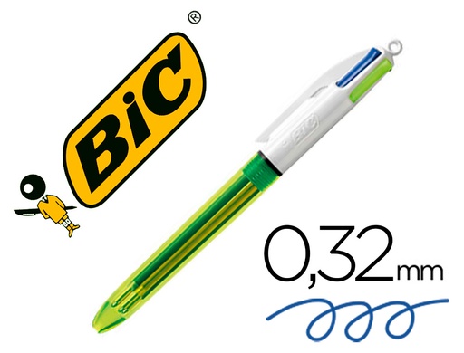 [9062790] BIC - Bolígrafo 4 colores Azul, Negro, Rojo y Amarillo FLUORESCENTE (Ref.933948)