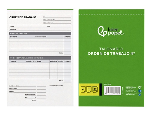 [2037334] LIDERPAPEL - TALONARIO ORDEN DE TRABAJO CUARTO ORIGINAL Y COPIA (Ref.T255)