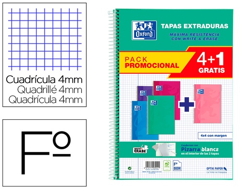 [9154777] OXFORD - Cuaderno espiral tapa extradura folio 80 hojas cuadro 4 mm con pizarra blancapack 4+1 colores tendencia (Ref. 400122766)