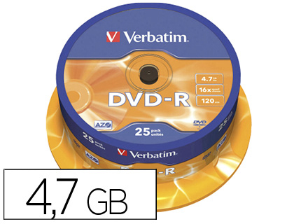 [2155623] VERBATIM - Dvd-R Advanced azo Bobina 25 16X 4.7GB (CANON L.P.I. 5,25€ Incluido) (Ref.43522)