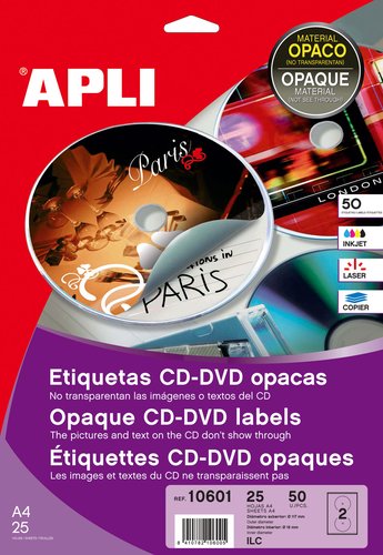 [9942617] APLI - ETIQUETAS ADH.IMPR. A4 MULTIMED.CD-DVD MEGA BLISTER 25h DORSO OPACO Ø ext.117 e int.18 mm 50 uds.() (Ref.10601)