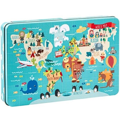 [2064545] APLI - PUZLE MAPA MUNDI MARTINA HOGAN 24 PIEZAS EN CAJA METALICA (Ref.14550)