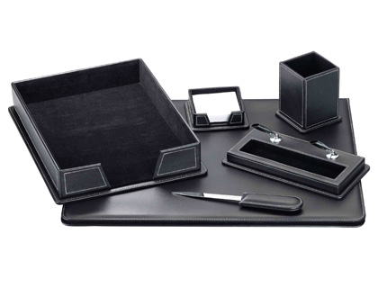 [2042820] ARTESANIA - ESCRIBANIA DE SOBREMESA NEGRO SIMIL PIEL JUEGO DE 6 PIEZAS (Ref.80-DSCB6)