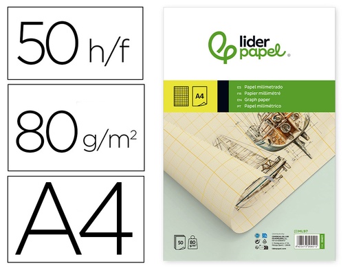 [2020451] LIDERPAPEL - BLOC PAPEL MILIMETRADO ENCOLADO 210X297MM 50 HOJAS 80G/M2 (Ref.ML97)
