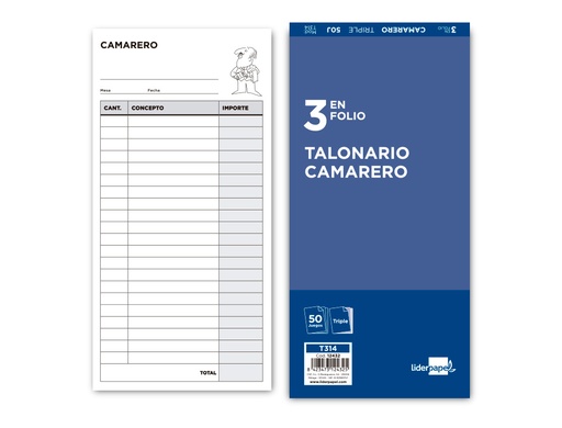 [2012432] LIDERPAPEL - TALONARIO CAMARERO 3/Fº ORIGINAL Y 2 COPIAS (Ref.T314)