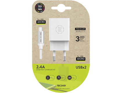 [9156540] TECH ON TECH - Cargador tech one tech 2.4 doble usb + cable braided nylon micro usb android longitud 1 mt color blanco (Ref. TEC2401)
