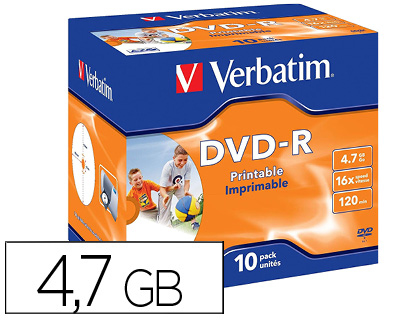 [2155624] VERBATIM - Dvd-R Advanced azo Jewel Case 10 16X Imprimible Inkjet 4.7GB (CANON L.P.I. 2,1€ Incluido) (Ref.43521)