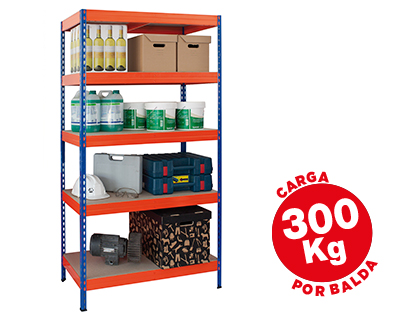 [2058566] AR STORAGE - ESTANTERIA METALICA 192X100X50CM 5 ESTANTES 300KG POR ESTANTE BANDEJAS DE MADERASIN TORNILLOS AZUL NARANJA (Ref.STABIL 100/50)