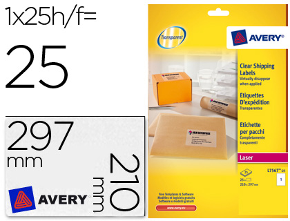 [9072182] AVERY - Caja 25 HOJAS ETIQUETAS LASER QUICKPEEL 210x297 TRANSPARENTE (Ref.L7567-25)