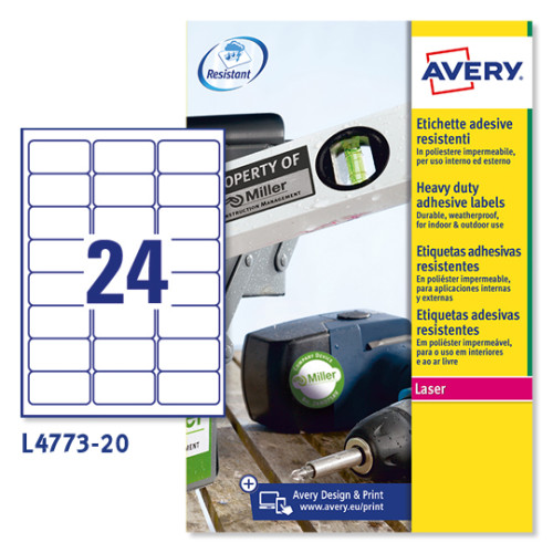 [9079537] AVERY - Etiquetas laser poliester Caja 20 hojas 480ud 63.5X33.9 Blanco (Ref.L4773-20)
