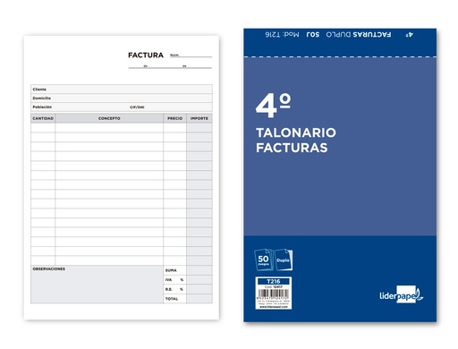 [2012417] LIDERPAPEL - TALONARIO FACTURAS CUARTO ORIGINAL Y COPIA CON I.V.A. (Ref.T216)