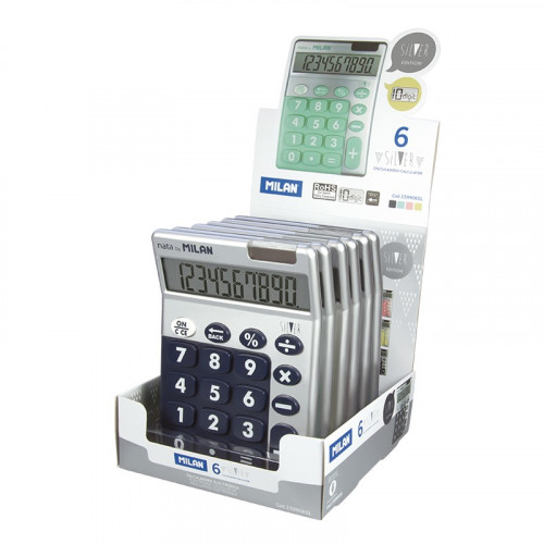 [9929726] MILAN - CALCULADORA SOBREMESA 10 DIGITOS SILVER EXPOSITOR de 6 colores surtidos (Ref.159906SL)