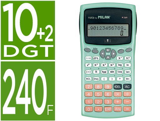 [9160412] MILAN - Calculadora cientifica m240 silver 2 lineas 240 funciones 10+2 digitos color verde turquesa con tapa color (Ref. 159110SLBL)
