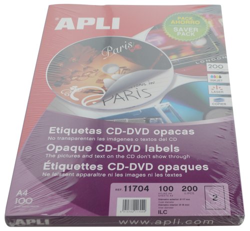 [9934904] APLI - ETIQUETAS ADH.IMPR. A4 MULTIMED.CD-DVD MEGA CAJA 100h DORSO OPACO Ø ext.117 e int.18 mm 200 uds.() (Ref.11704)