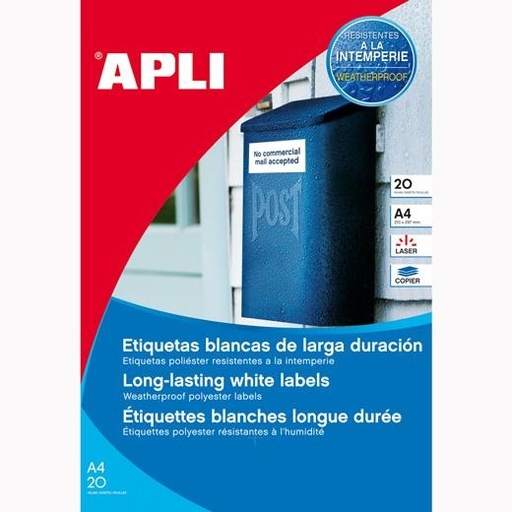 [9935043] APLI - ETIQUETAS ADH.IMPR. A4 POLYESTER MATE RESISTENTE INTEMPERIE LS-CP BLISTER 20h BLANCO 64,6x33,8 mm C.RECTOS 480 uds. (Ref.1226)