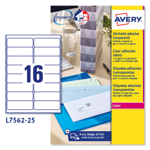 [9034987] AVERY - Etiquetas laser Caja 25 hojas 400 ud 99,1X33,9 Transparentes (Ref.L7562-25)