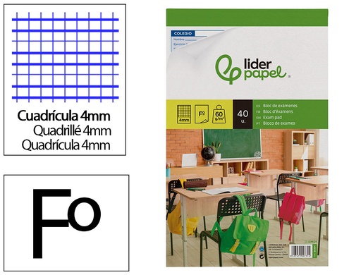 [2000731] LIDERPAPEL - BLOC EXAMENES CUADRO 4MM FOLIO 40 HOJAS 60G/M2 (Ref.EM01)