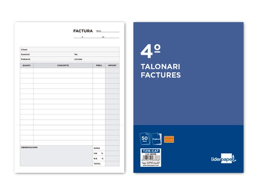 [2096336] LIDERPAPEL - TALONARIO FACTURAS CUARTO ORIGINAL Y COPIA T216 CON I.V.A. TEXTO EN CATALAN (Ref.T216-CAT)
