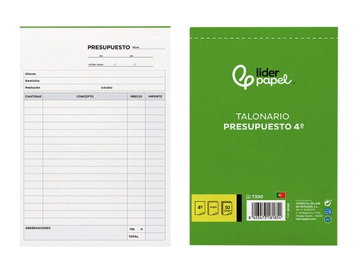 [2018185] LIDERPAPEL - TALONARIO PRESUPUESTO CUARTO ORIGINAL Y COPIA (Ref.T230)