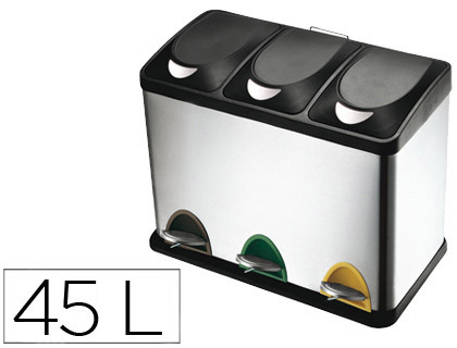 [2072109] Q-CONNECT - PAPELERA CONTENEDOR METALICA CON TAPADERA DE PLASTICO Y PEDAL 3 DEPOSITOS 45L 605X340X485 MM (Ref.KF16550)