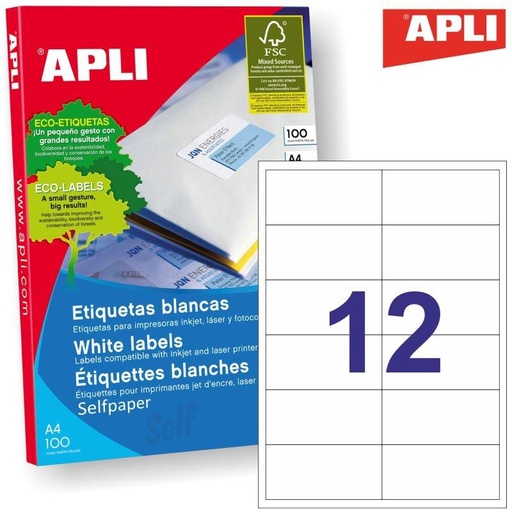 [9936535] APLI - ETIQUETAS ADH.IMPR. A4 BLANCA C.RECTOS CAJA 100h 97x42,4 mm 1.200 uds.(0) (Ref.1288)