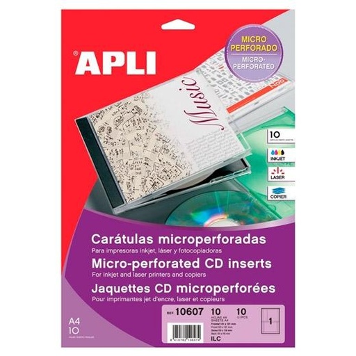 [9935439] APLI - ETIQUETAS ADH.IMPR. A4 MULTIMED.CD-DVD CARATULA BLISTER 10h 200g MATE MICROP. frontal 121x121 y dorso 151x118 mm 10 uds.() (Ref.10607)