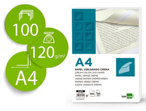 [2031911] LIDERPAPEL - PAPEL VERJURADO A4 120G/M2 CREMA PAQUETE DE 100 (Ref.VJ03)