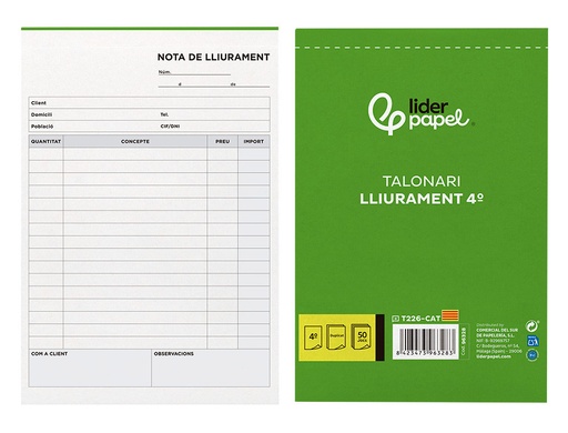 [2096328] LIDERPAPEL - TALONARIO ENTREGAS CUARTO ORIGINAL Y COPIA T226 TEXTO EN CATALAN (Ref.T226-CAT)