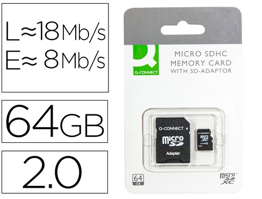 [2068118] Q-CONNECT - MEMORIA SD MICRO FLASH 64 GB CLASE 10 CON ADAPTADOR (CANON L.P.I. 0,24€ Incluido) (Ref.KF16128)