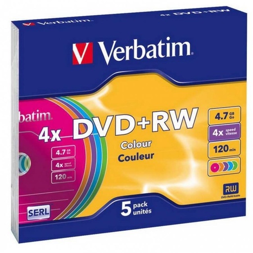 [9322463] VERBATIM - DVD+RW Colours slim pack 5 ud 4x 4,7GB 120min 5colores (CANON L.P.I. 1,4€ Incluido) (Ref.43297)
